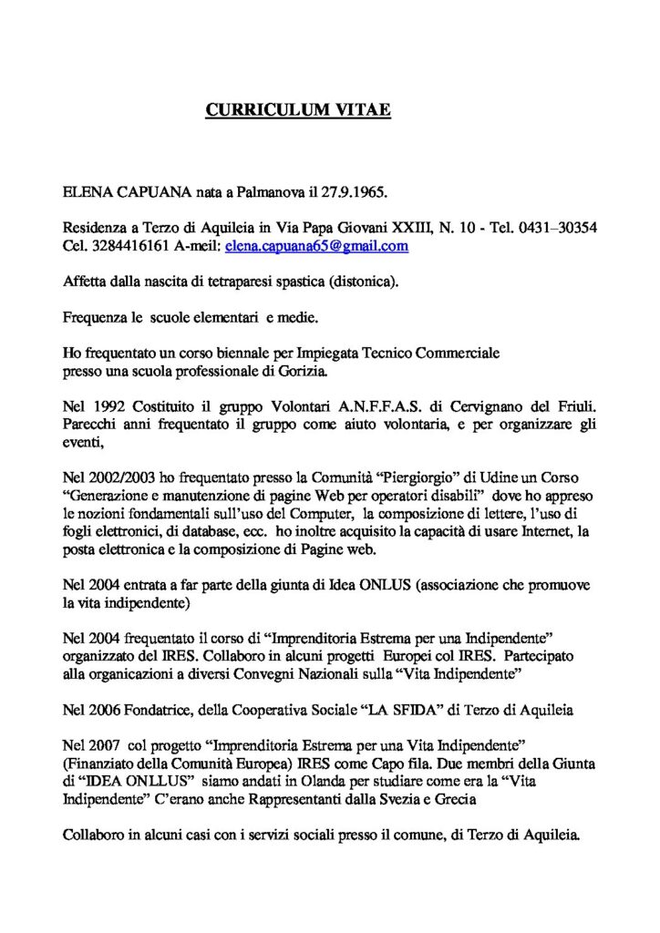 CAPUANA Elena CURRICULUM VITAE Autonomia Responsabile FVG